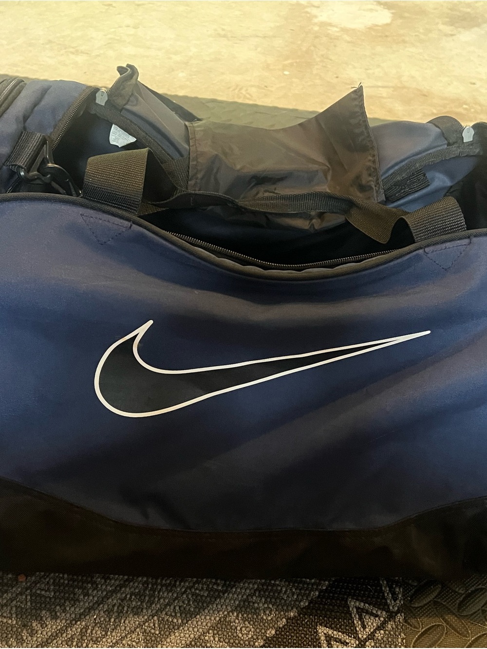 Nike Navy and Black Duffel Bag with White Swoosh